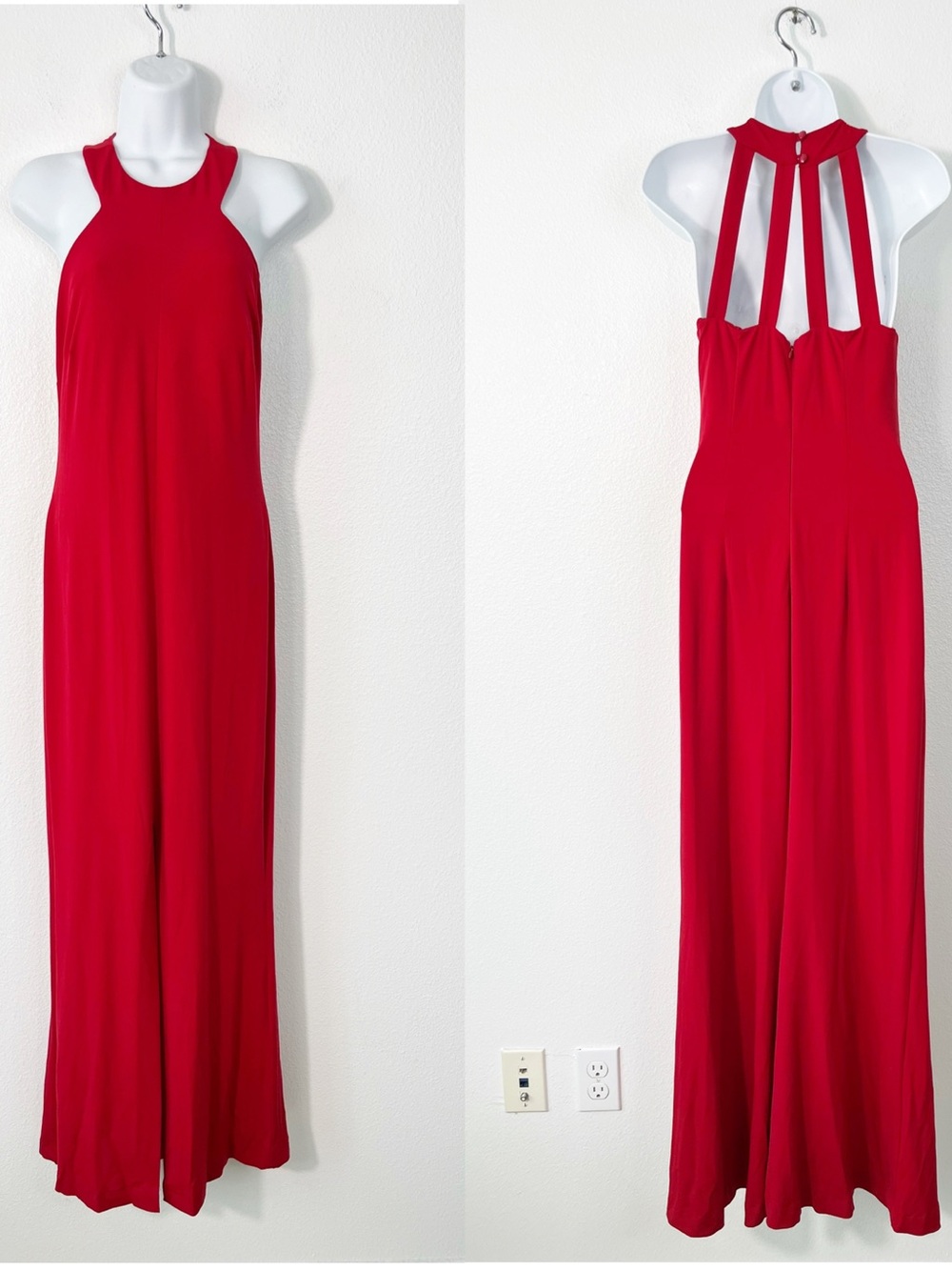 Caché Y2K Red Halter Maxi Gown with Strappy Open Back Dress Size 12 VTG